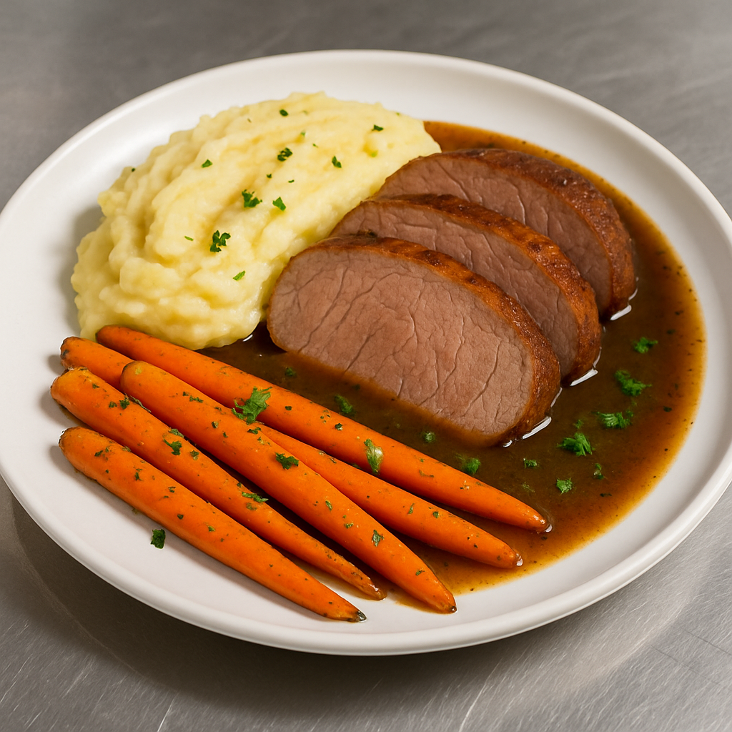 GEBRADEN KALFSLENDE MET AARDAPPELPUREE EN GEROOSTERDE WORTELEN