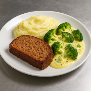 GEHAKTBROOD MET AARDAPPELPUREE EN BROCCOLI IN KAASSAUS